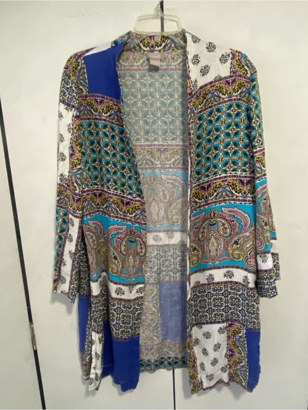 Chico's Floral Paisley Linen Colorful open Cardigan Duster Patchwork Artsy Large
